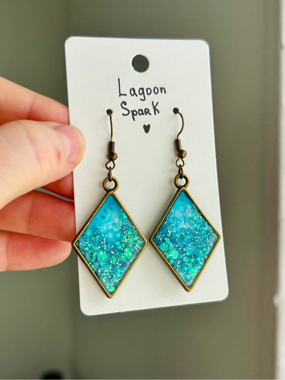Lagoon Spark Resin Diamond Earrings Handmade Blue Glitter Geometric Drops